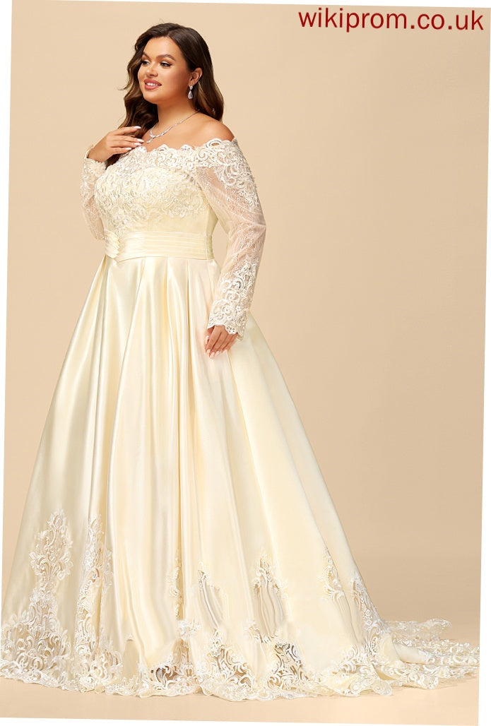 With Beading Off-the-Shoulder Wedding Dresses Dress Lace Satin Ball-Gown/Princess Wedding Sweep Elaina Sequins Train