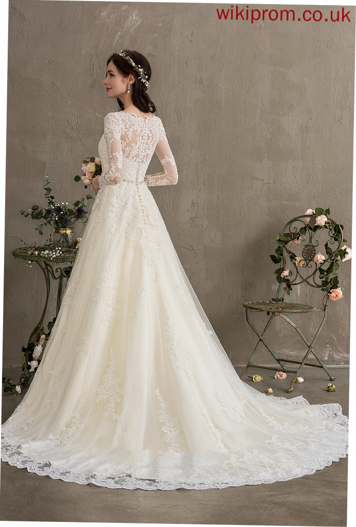 Wedding Dresses Chapel Ball-Gown/Princess Lace Sequins With Beading V-neck Train Wedding Alison Dress Tulle