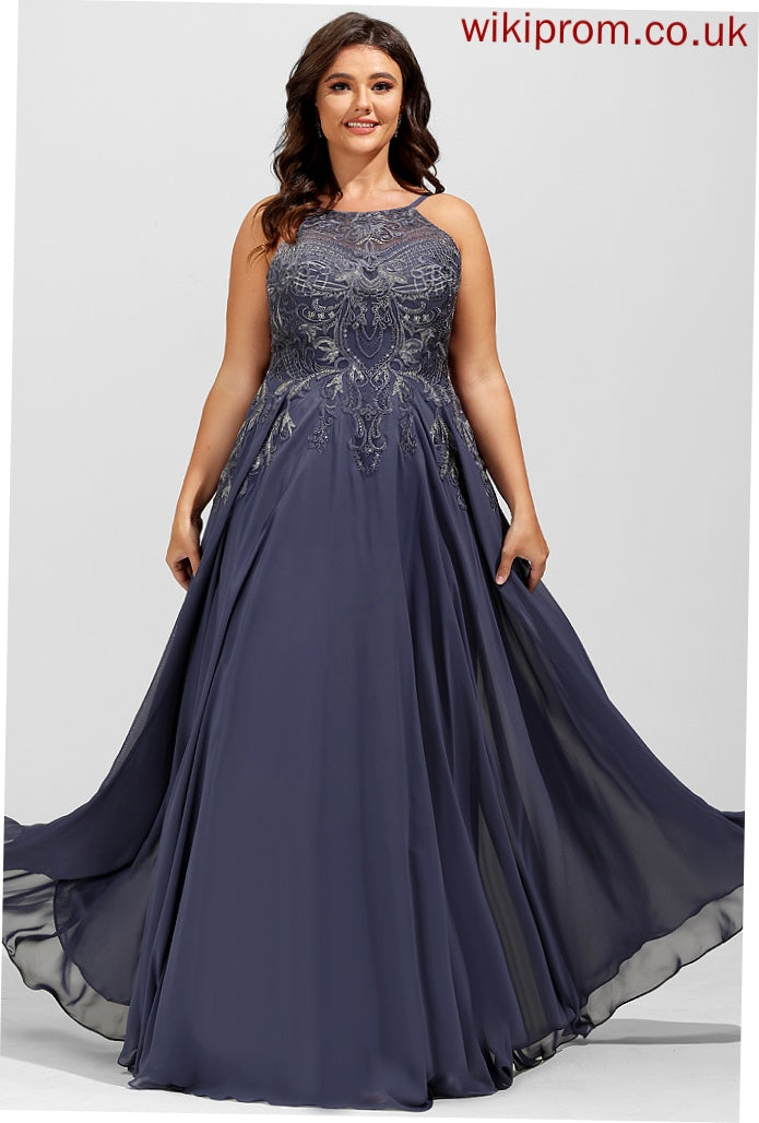 Lace With A-Line Scoop Chiffon Prom Dresses Floor-Length Sequins Kelsie