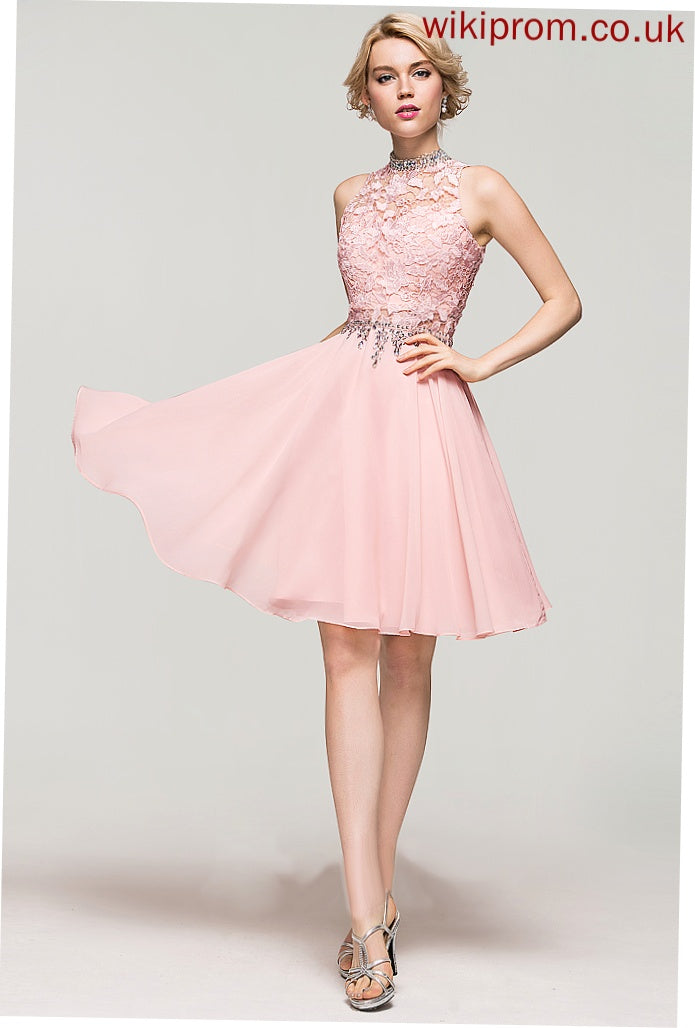 A-Line Homecoming With Sequins Chiffon Neck Dress Knee-Length Kelly Lace Homecoming Dresses Beading High