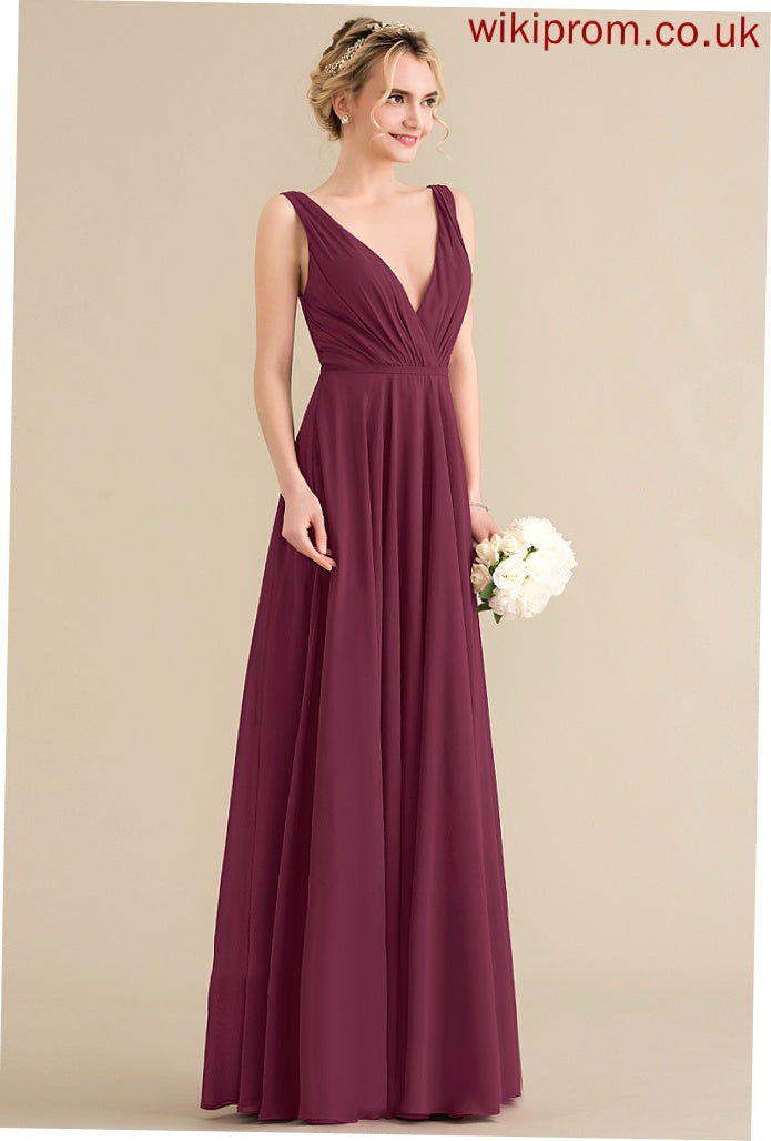 Chiffon A-Line Emelia Pleated Floor-Length Prom Dresses V-neck With