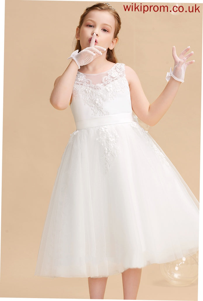 Jaslene Girl Dress - Flower Sleeveless Flower Girl Dresses Neck With Tea-length A-Line Tulle/Lace Beading/Flower(s) Scoop