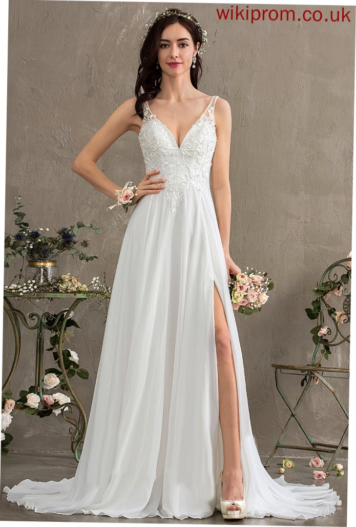 Chiffon Split Train With Wedding Dresses Beading Sweep Cierra A-Line Sequins Wedding Front Dress V-neck Lace