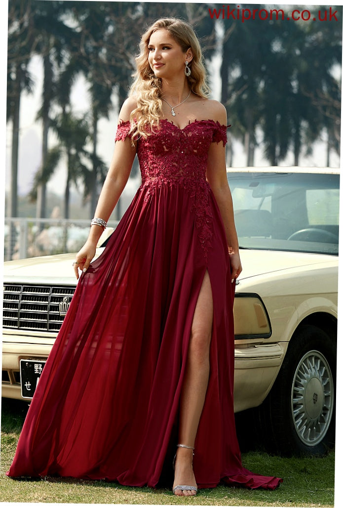 Prom Dresses Sequins Lace With Train Grace Chiffon Off-the-Shoulder A-Line Sweep