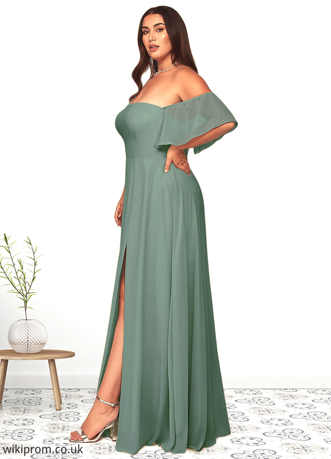 Christina A-Line Off the Shoulder Chiffon Floor-Length Dress SWKP0019614