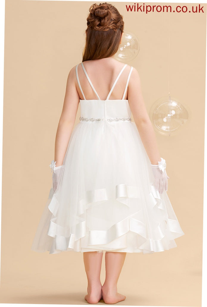 A-Line Satin/Tulle Flower Girl Dresses Tea-length Johanna Beading Girl Straps With Flower - Dress Sleeveless