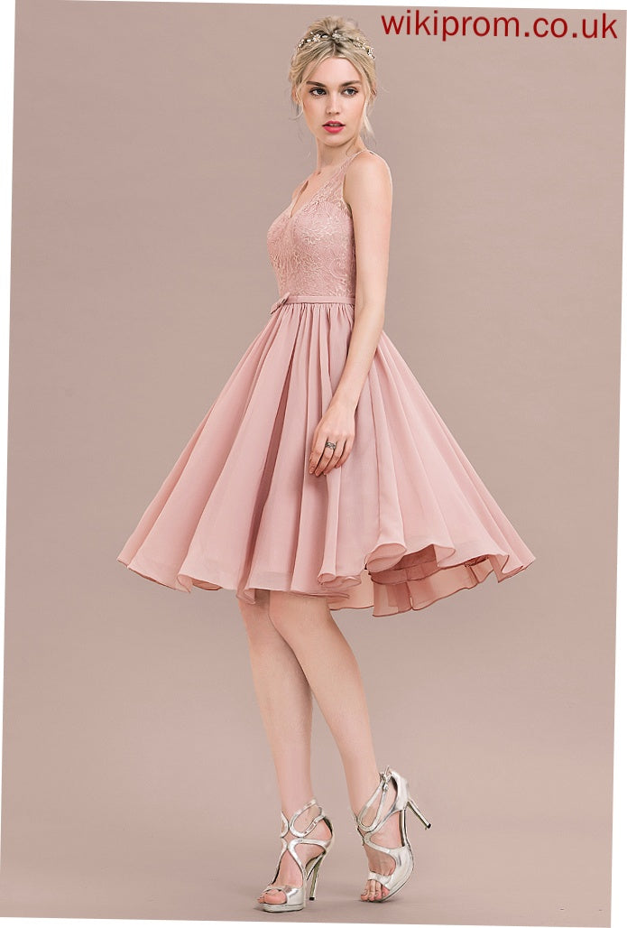 Lace Chiffon A-Line Yadira Homecoming Knee-Length Bow(s) Dress Lace V-neck Homecoming Dresses With