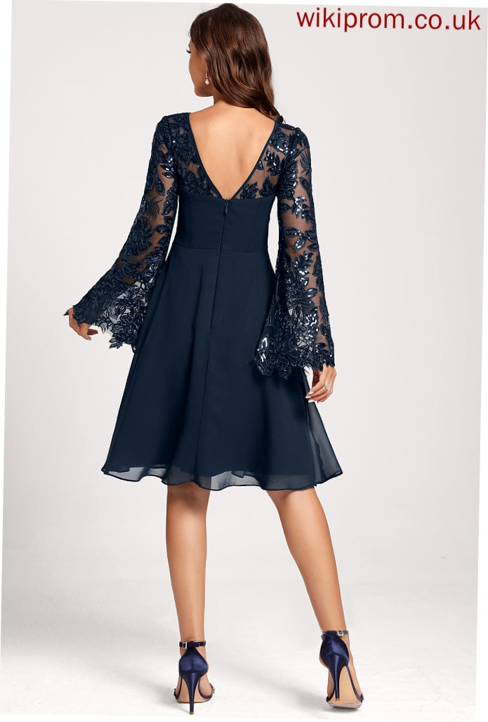 Chiffon Sequins Neck A-Line Lace With Scoop Cocktail Knee-Length Jode Club Dresses Dress