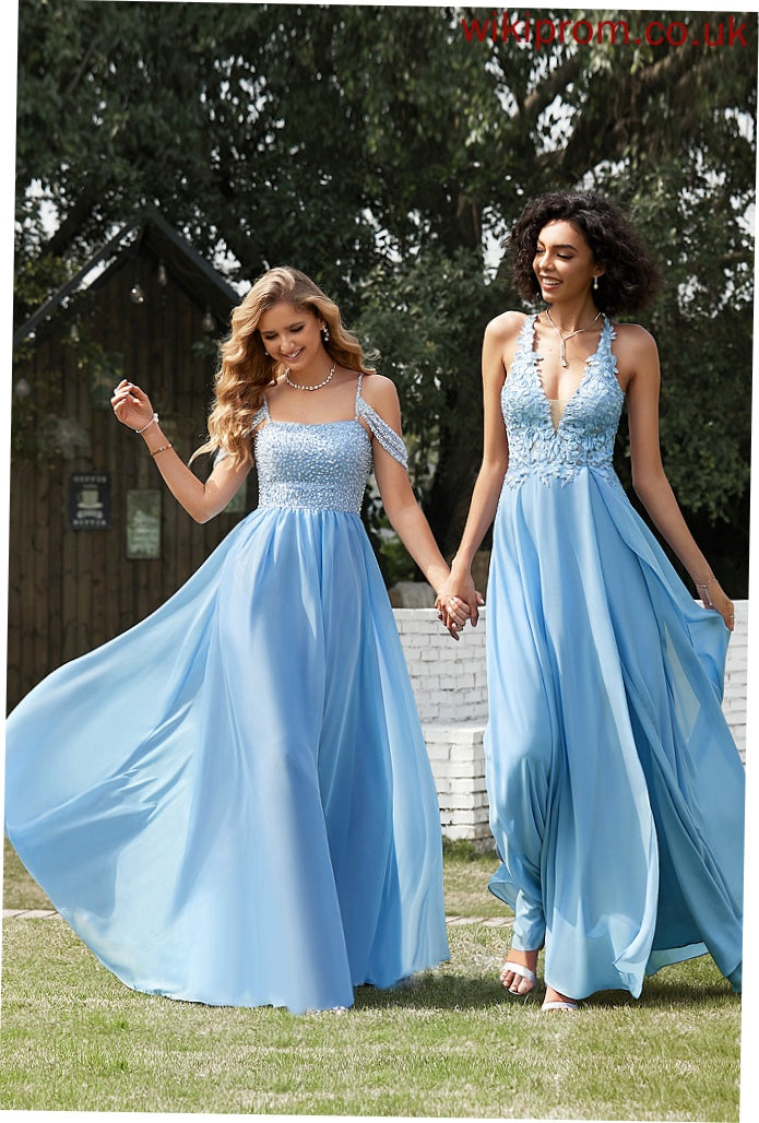 Chiffon V-neck Prom Dresses Sally Floor-Length Lace A-Line