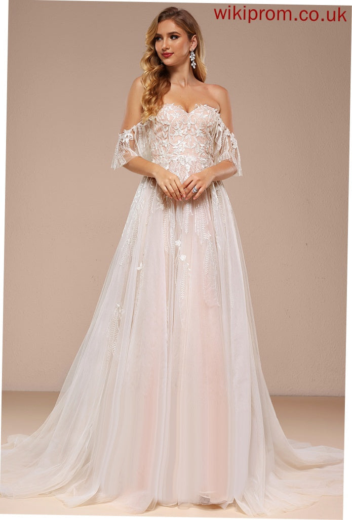 Dress Tulle Off-the-Shoulder Ball-Gown/Princess Erika Sequins Train Ruffle Lace Wedding Sweetheart Wedding Dresses With Court