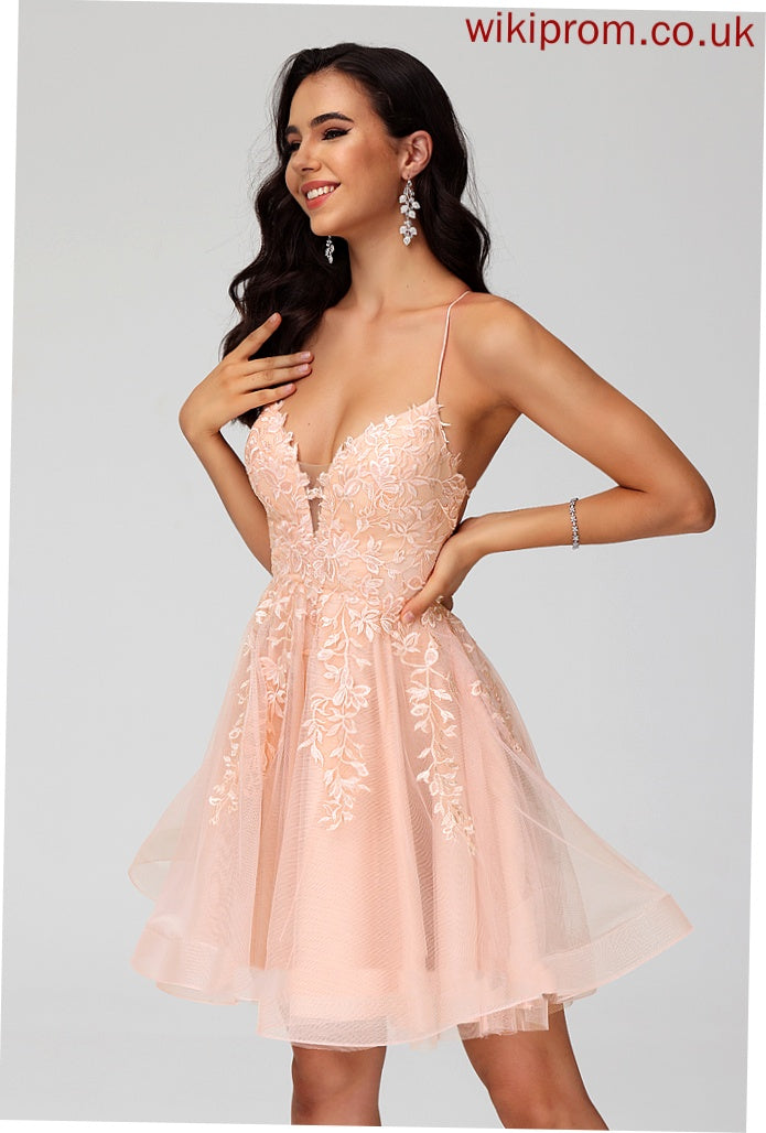 With Short/Mini Homecoming Lace A-Line Tulle V-neck Dress Sequins Madilynn Homecoming Dresses