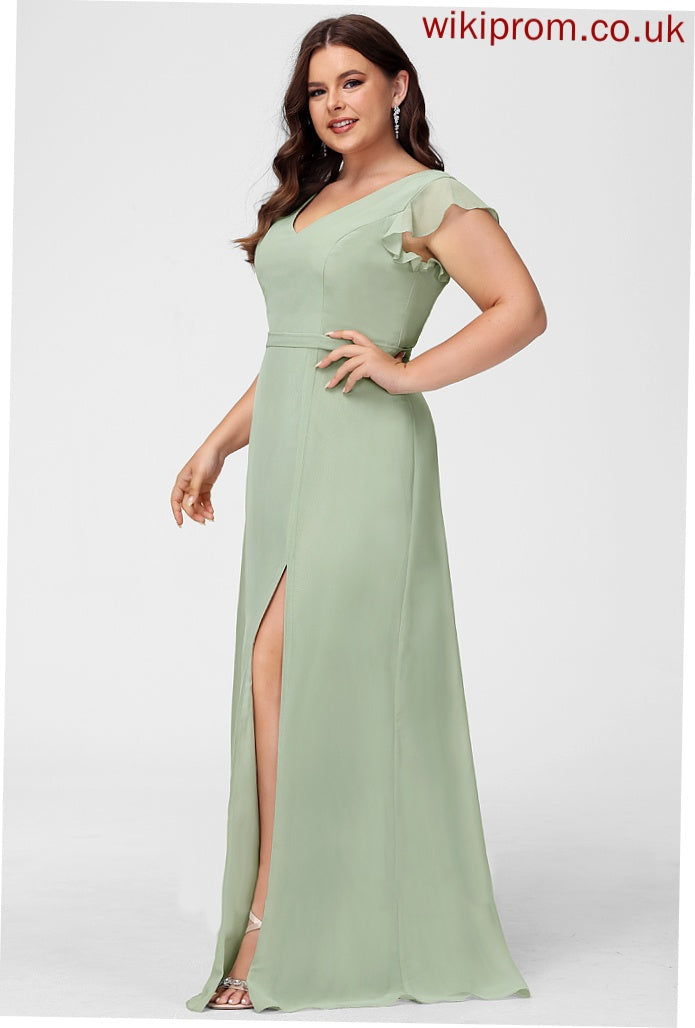 Embellishment V-neck Length SplitFront A-Line Floor-Length Silhouette Neckline Fabric Ariella Cap Sleeves Natural Waist Bridesmaid Dresses