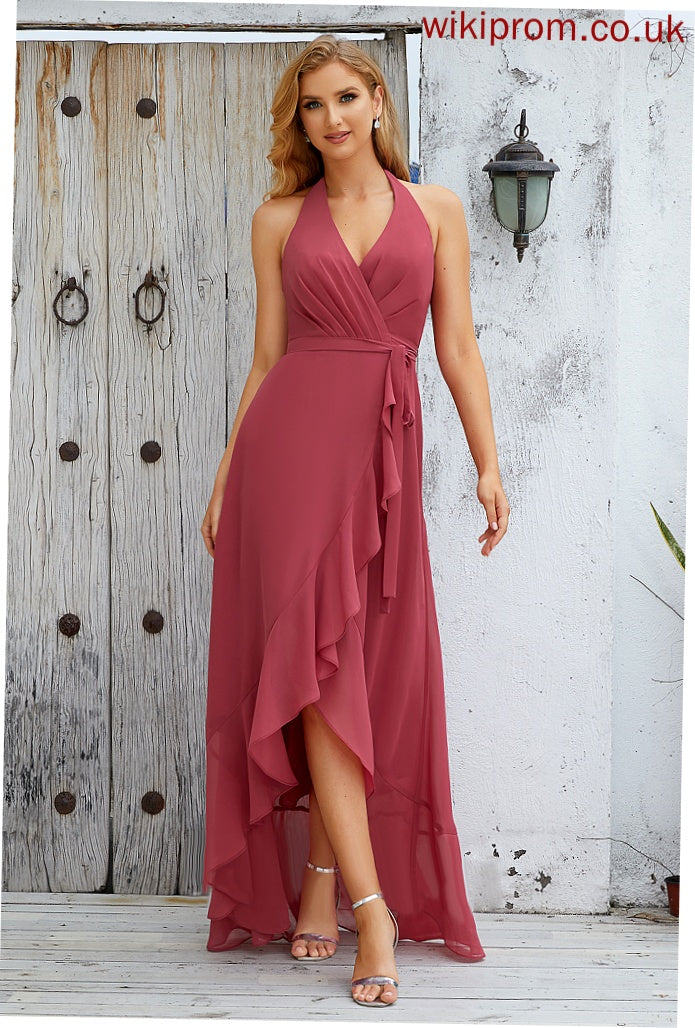 Neckline Fabric Asymmetrical Silhouette A-Line Embellishment Ruffle Length Halter Hana Floor Length Sleeveless Bridesmaid Dresses