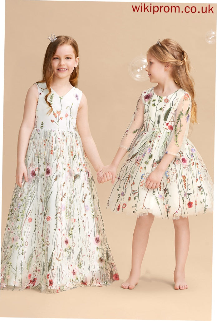 With - Girl V-neck Jacquard Flower Girl Dresses Phoenix Flower(s)/Bow(s) A-Line Flower Floor-length Dress Sleeveless