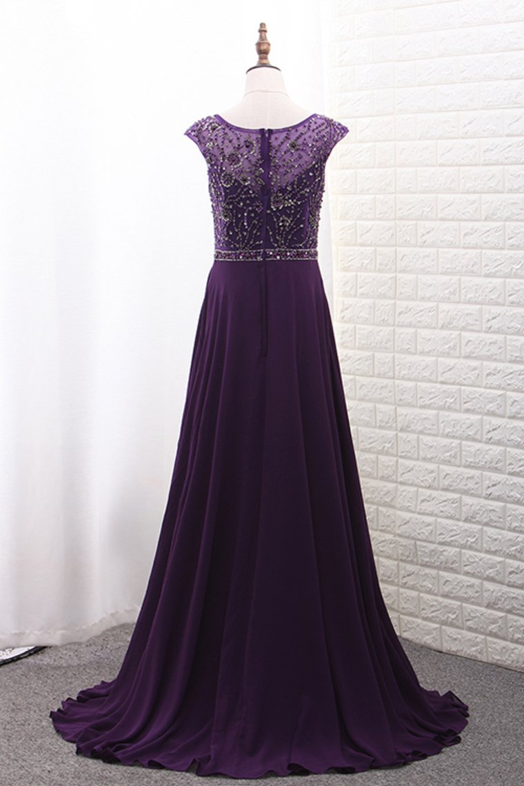 A Line Scoop Chiffon Mother Of The Bride Dresses With Beads Bodice Sweep Train