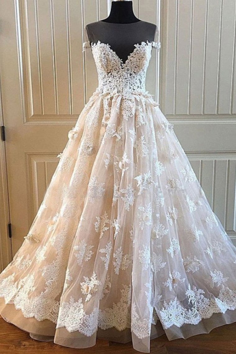 Ivory And Champagne Long Cap Sleeves Lace Tulle Wedding Dresses