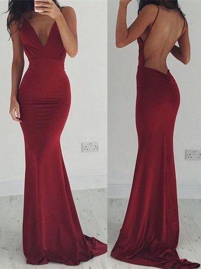 Sexy Backless Cocktail V-Neck Mermaid Spaghetti Straps Sleeveless Burgundy Prom Dresses WK32