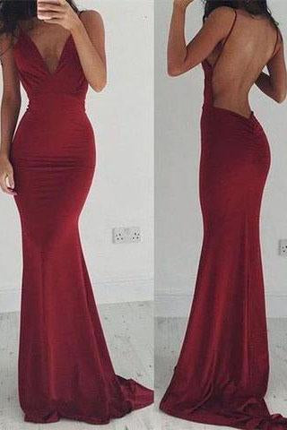 Sexy Backless Cocktail V-Neck Mermaid Spaghetti Straps Sleeveless Burgundy Prom Dresses WK32