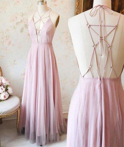 Sexy Pink V-Neck Long Chiffon Tulle Backless Sleeveless Floor-Length Prom Dresses WK758