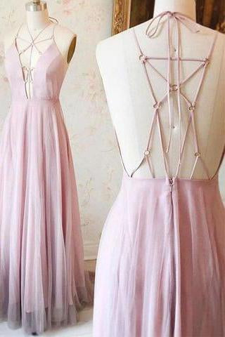 Sexy Pink V-Neck Long Chiffon Tulle Backless Sleeveless Floor-Length Prom Dresses WK758