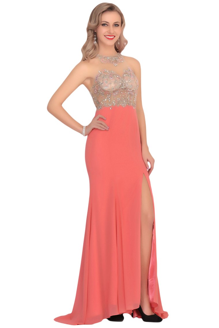 Mermaid Scoop Chiffon Prom Dresses With Beads And Slit