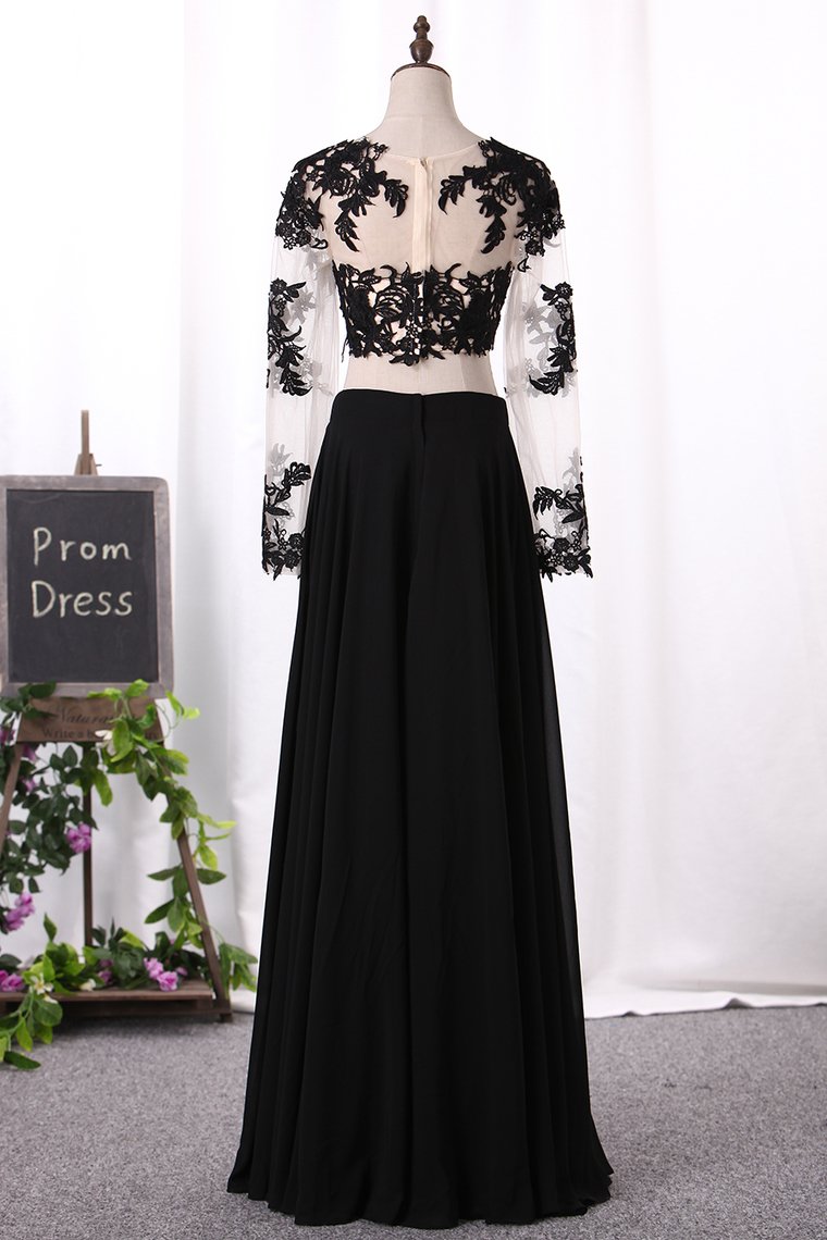 Two-Piece Scoop Long Sleeves Prom Dresses A Line Chiffon With Applique