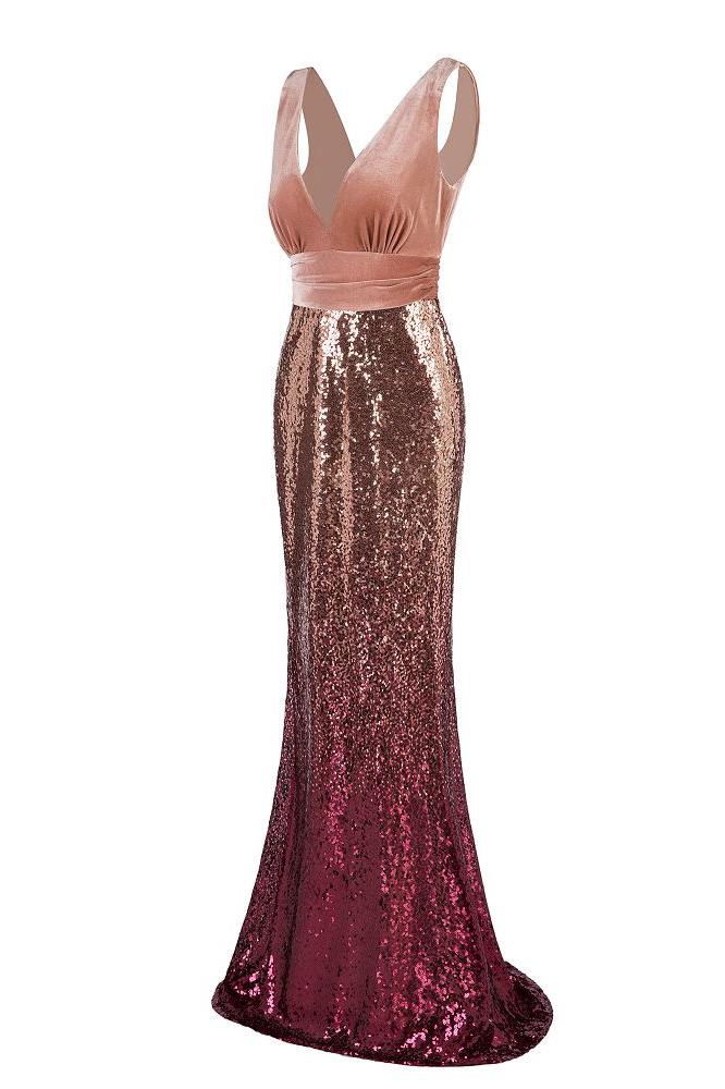 Sexy Sequins Mermaid V Neck Burgundy Velvet Long Prom Dresses Backless Evening Dress SWK15352