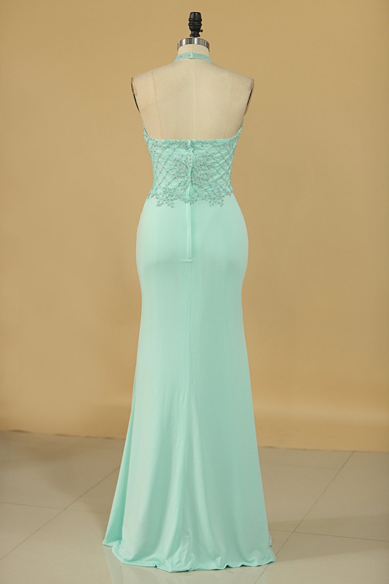 Spandex Mermaid Prom Dresses With Beading Sweep Train