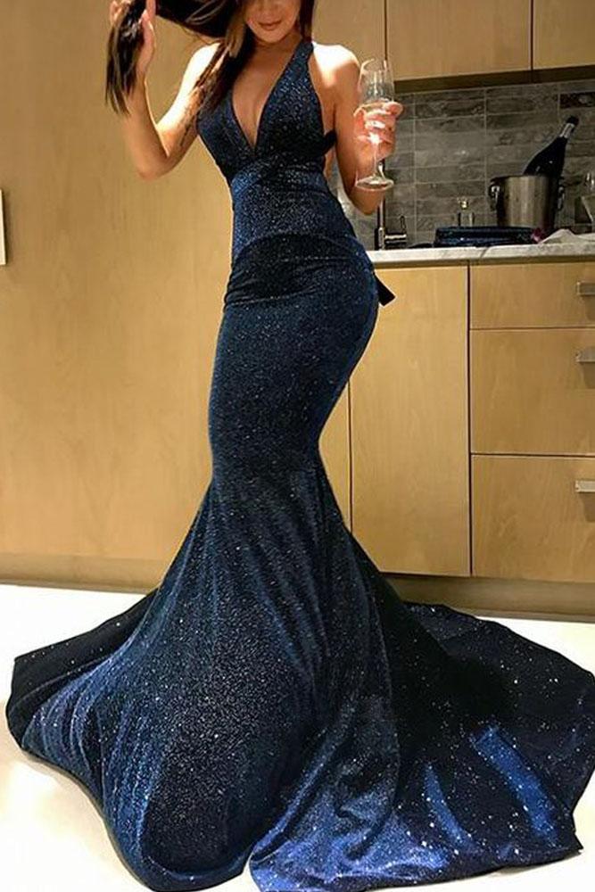 Sexy Mermaid Deep V Neck Velvet Dark Navy Long Prom Dresses, Sparkly Evening Dresses SWK15529