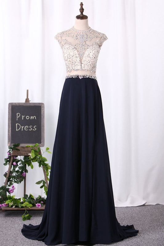 A Line Prom Dresses Scoop Chiffon & Tulle With Beaded Bodice And Slit