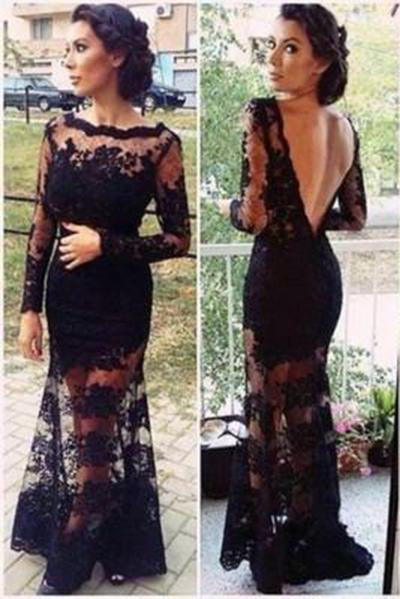 Mermaid Full Sleeve Sexy Black Lace Long Scoop Neck Floor Length Prom Dresses WK143