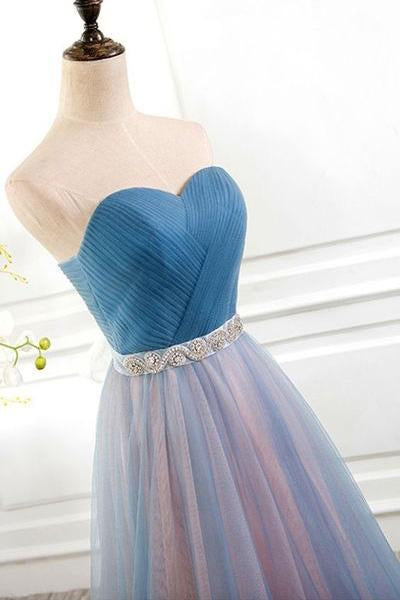 Elegant Tulle Long Vintage Sleeveless Sweetheart Strapless Blue Lace-up Prom Dresses WK778