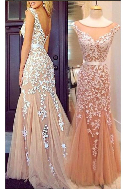 Cap Sleeves Mermaid Round Neckline Appliques Tulle Backless Lace Prom Dresses WK426