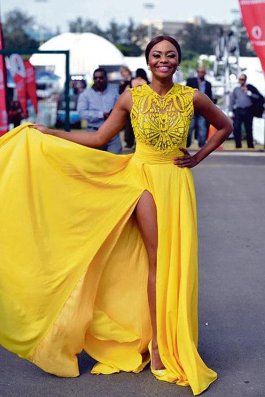 Sexy Elegant A line Yellow Chiffon Cap Sleeves Lace Evening Prom Dresses WK796