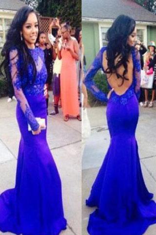 Sexy Mermaid High Neck Royal Blue Long Sleeve Open Back Lace Prom Dresses