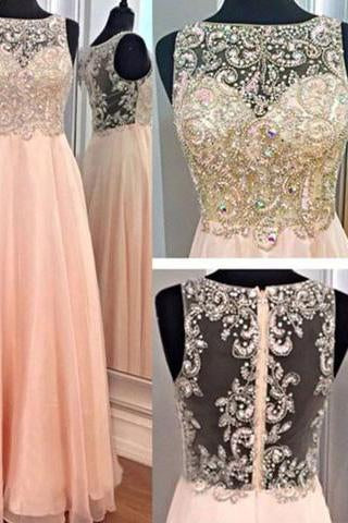 Stunning A-line Round Neck Beading Long Chiffon Prom Dresses Evening Dresses WK560