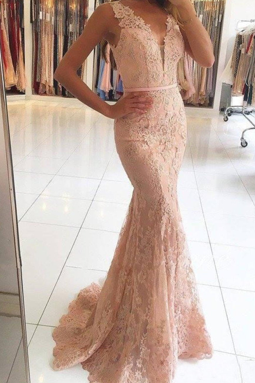 Sexy Mermaid Lace Appliques V Neck Beads Sleeveless Long Prom Dresses