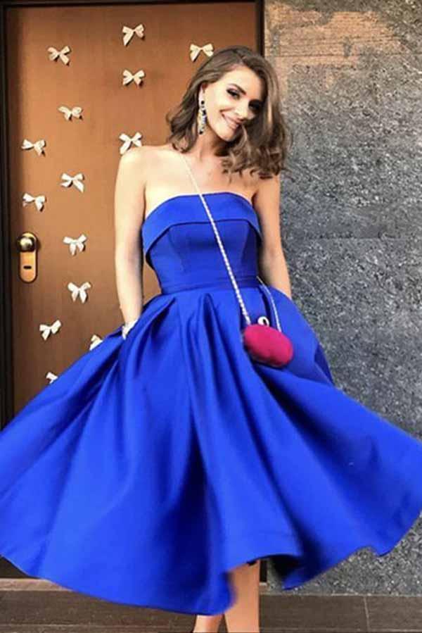 Royal Blue Satin Strapless Ball Gowns Tea Length Short Prom Dress Homecoming Dresses WK09