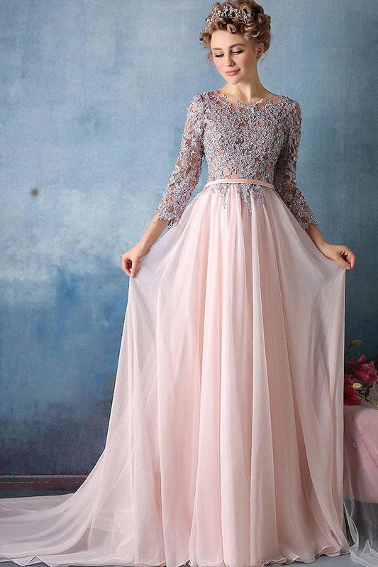 Scoop A-line Pink Chiffon with Silver Lace Appliqued Long 3/4 Sleeves Prom Dresses WK311