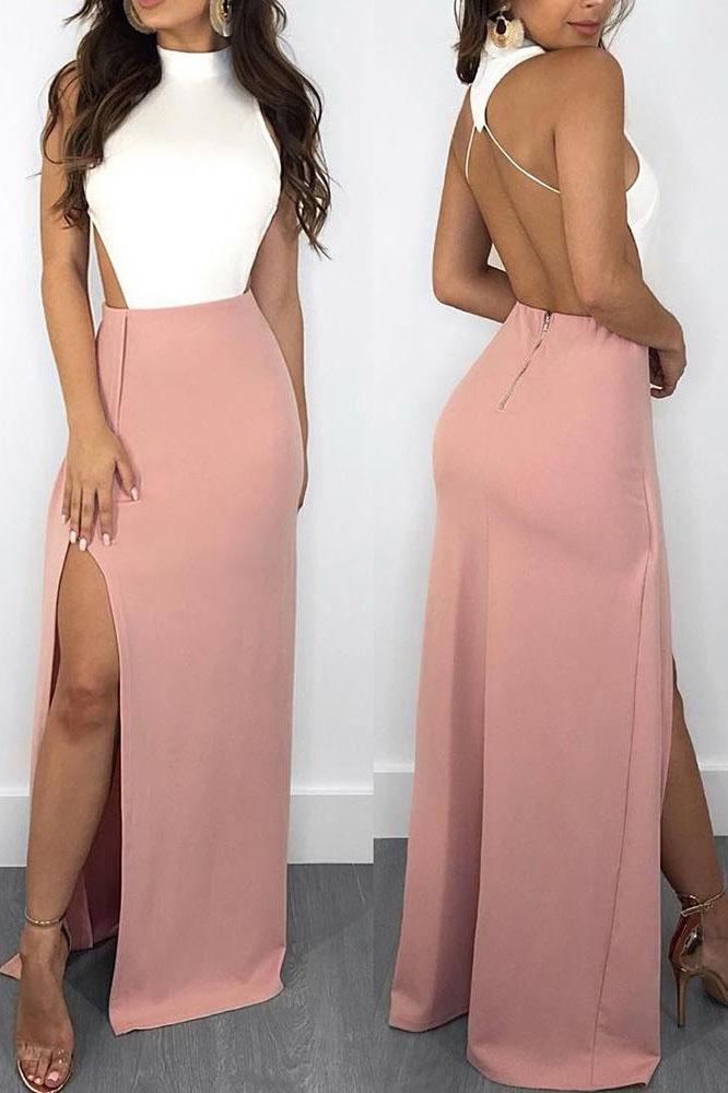 Elegant Mermaid White and Pink Halter Backless Satin with Slit Sleeveless Prom Dresses WK630