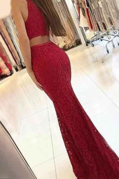 Charming New Arrival Mermaid Round Neck Dark Red Lace Prom Dresses WK385