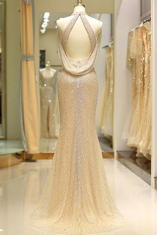 Mermaid High Neck Floor Length Split Gold Prom Dresses with Sequins Beading WK79