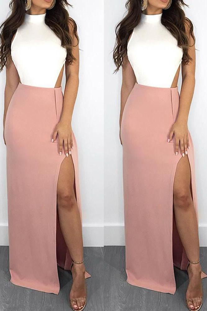 Elegant Mermaid White and Pink Halter Backless Satin with Slit Sleeveless Prom Dresses WK630