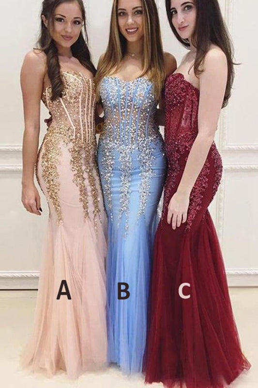 Mermaid Sexy Long Cheap Sweetheart Strapless Beads Tulle See Through Prom Dresses WK173