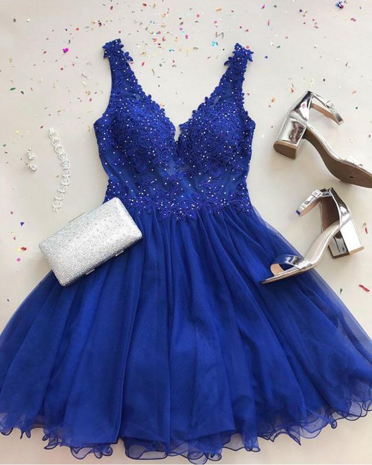 Cute A Line V Neck Chiffon Beads Royal Blue Short Homecoming Dresses with Appliques WK936