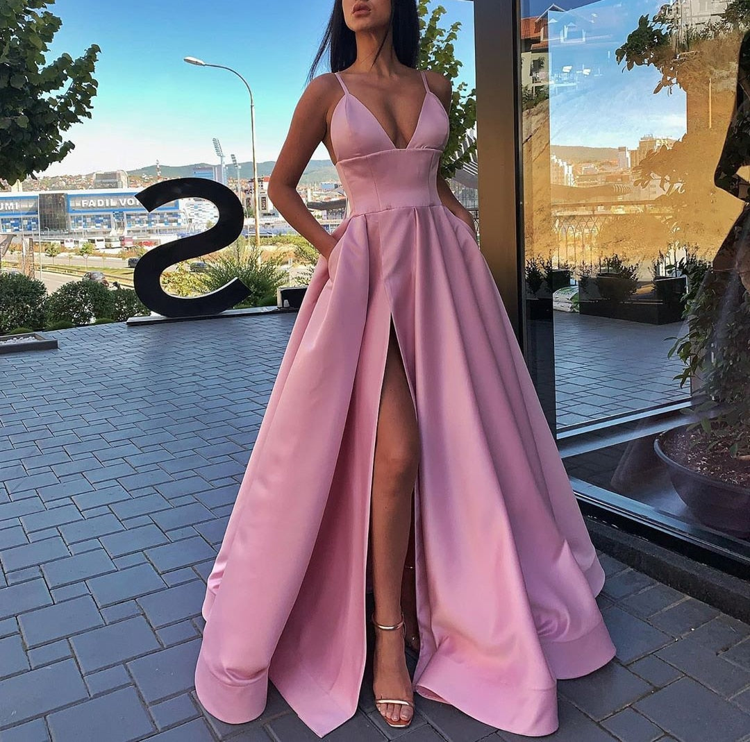 A Line Spaghetti Straps V Neck Yellow Prom Dresses with Pockets High Slit Satin Formal Dress P1131