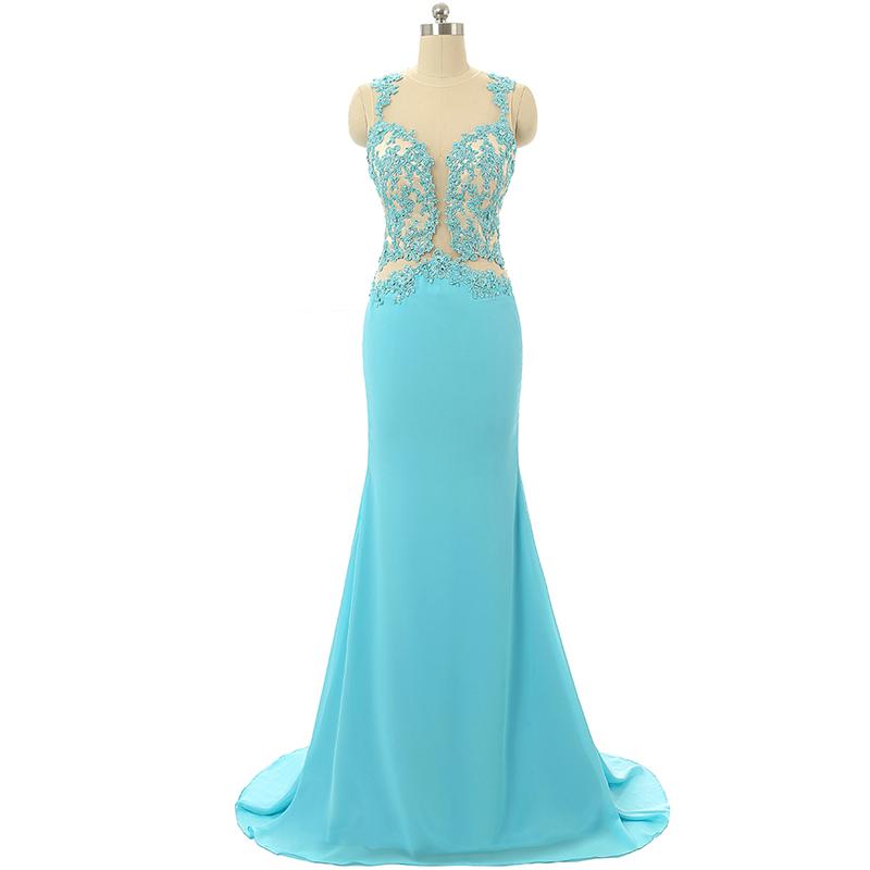 Mint Sheer Back Scoop Chiffon Mermaid Prom Dresses Sleeveless Prom Dresses