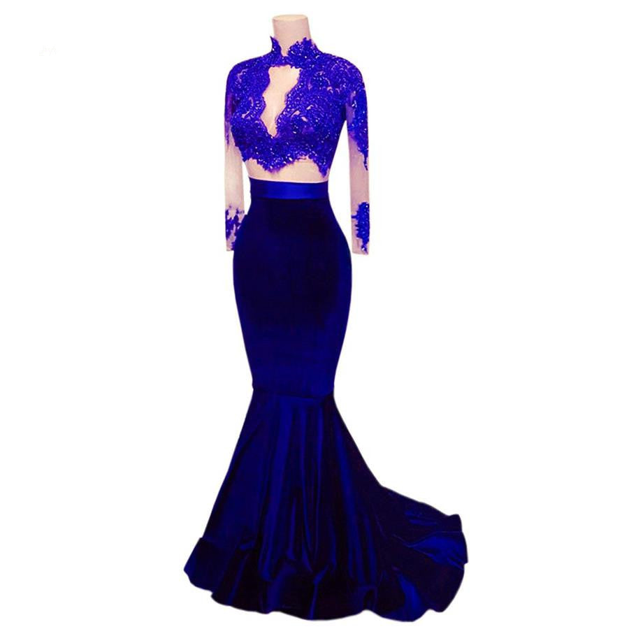 Elegant Long Sleeves Two Piece Mermaid High Neck Floor-Length Prom Dresses WK780