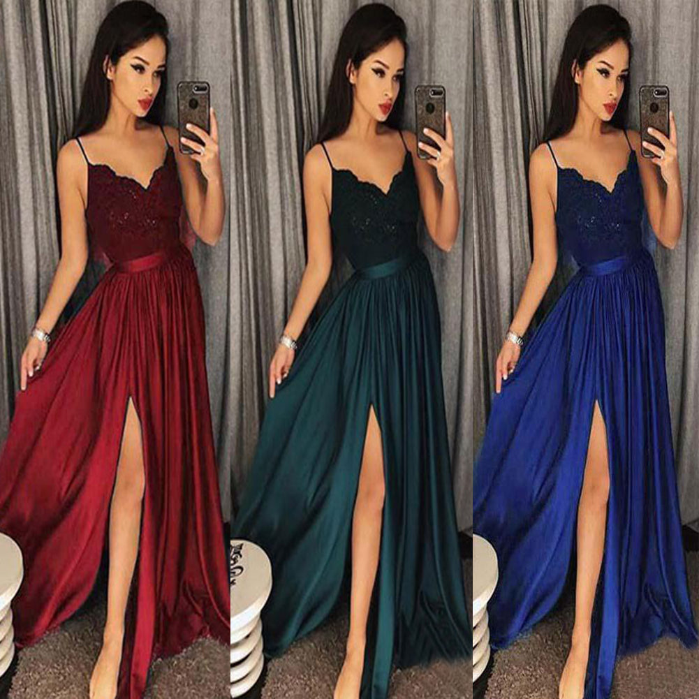 Dark Green Spaghetti Straps Split Front Lace Long Sleeveless Prom Dresses WK570