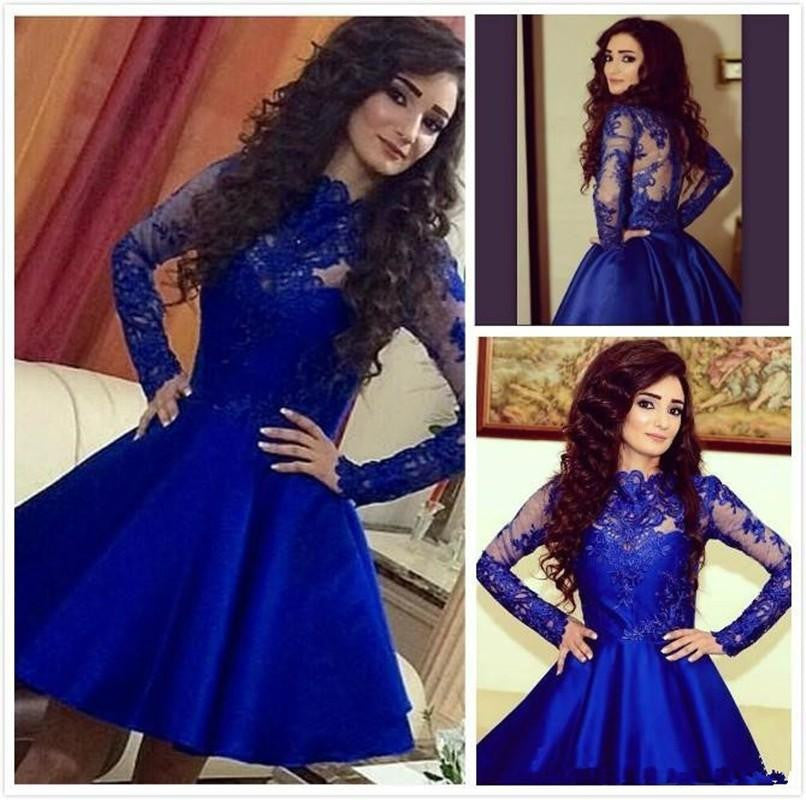 Homecoming Dress Lace Royal Blue Long Sleeves Homecoming Dress Short Prom Dresses WK918